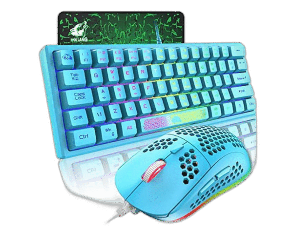 60% Gaming Keyboard and Mouse Combo Rainbow LED Backlit Keyboard with 61 Keys Membrane Mini Portable Ergonomic Design Ultralight Gaming Mouse 6400 DPI,Gaming Mouse Pad for Windows PC Gamers(Blue)